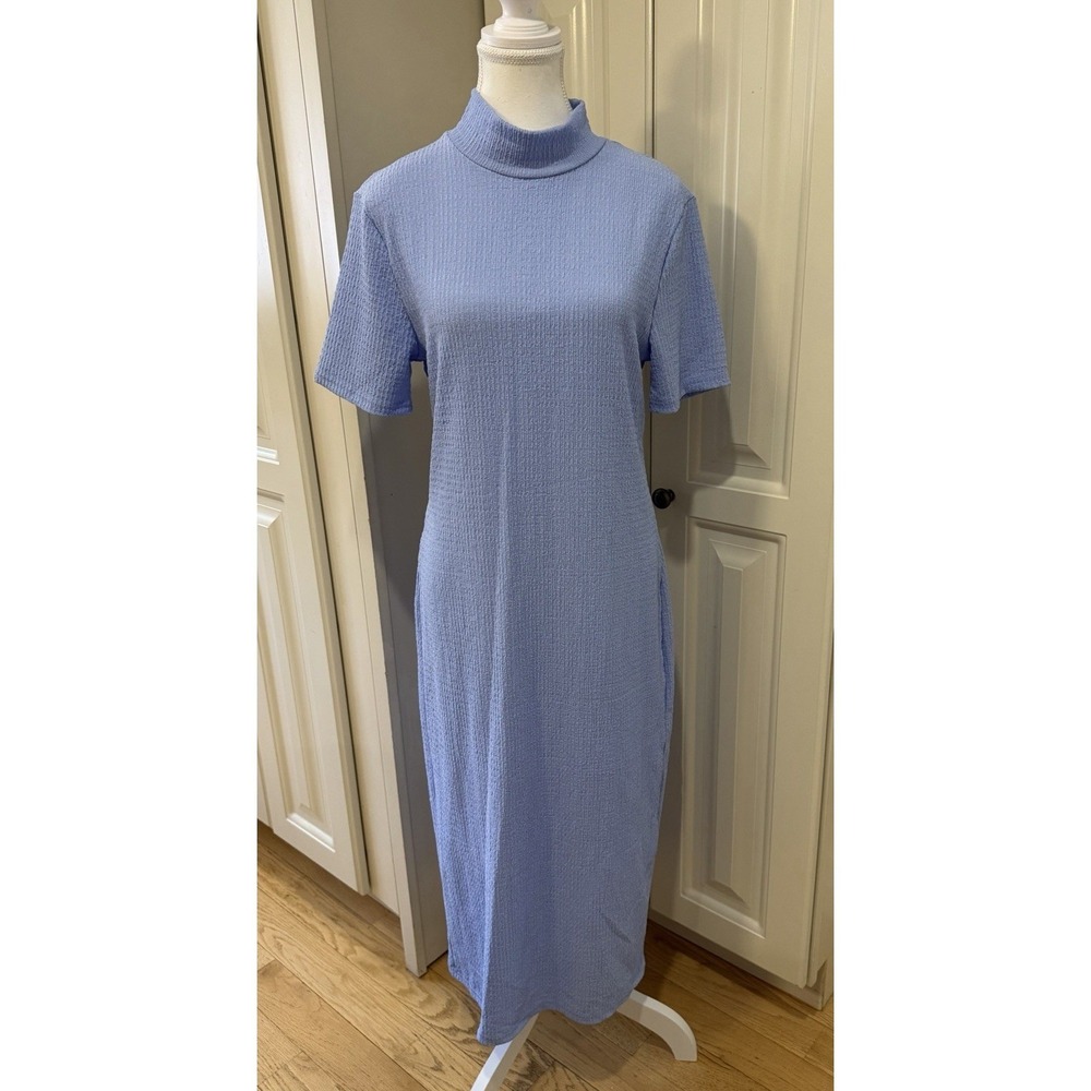 SHEIN Lavender Textured Mock Neck Midi Dress Short Sleeve Ribbed‎ Bodycon XL